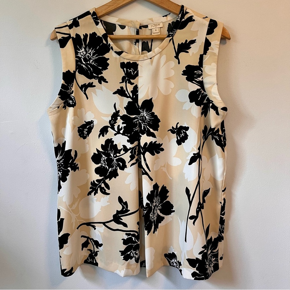 J. Crew Floral Sleeveless Blouse, Black, White & Cream, Size 8